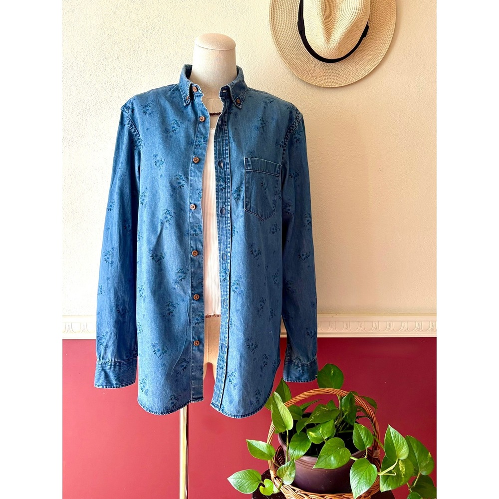 Old Navy Classic Shirt Blue Floral 100% Cotton Denim Button Down Long Sleeve S